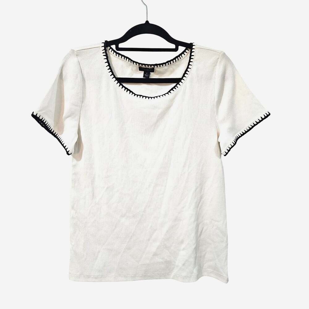 NWOT Ann Tayler Factory Contrast Trim Crochet-Neck Tee Size M